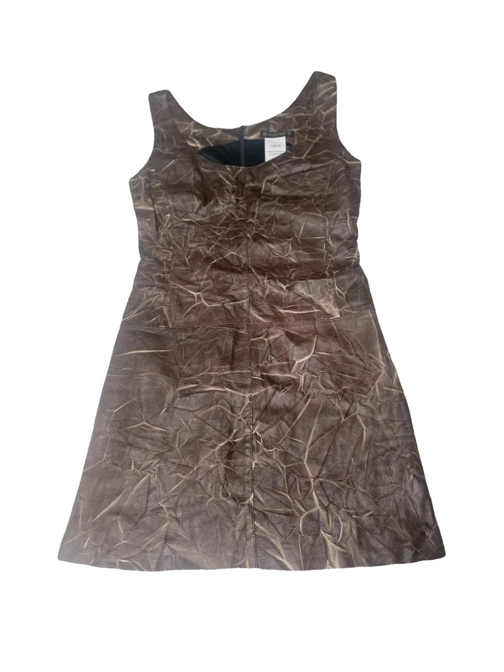 Vintage Plein Sud Brown Crinkled Leather A-Line Dress FR 38 US 6 Made in France
